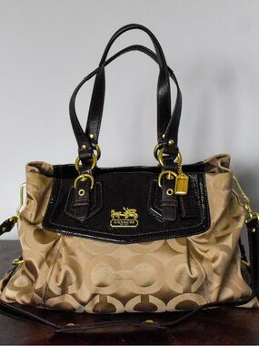 Coach Signature Ashley Jacquard Tote Brown Tan Leather Trim Shoulder Bag